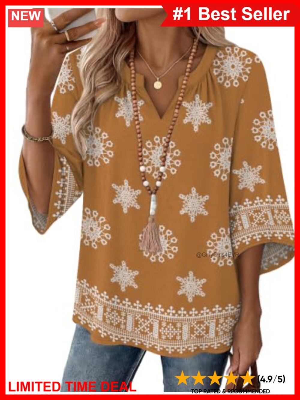 Boho Paisley V-Neck Tunic Top 3/4 Sleeve Loose Fit Blouse